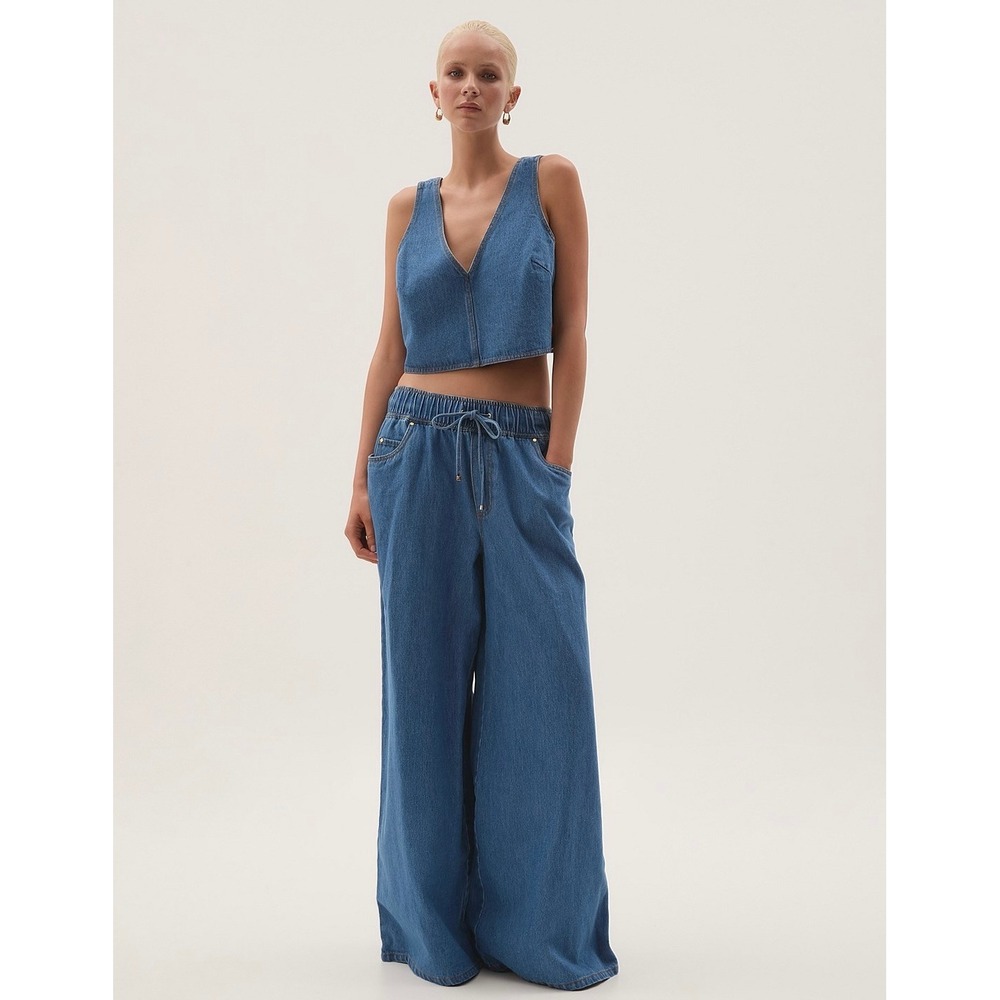 AJE STUDIO Sunray Denim Jean Women 8 Blue Wash Wide Leg Drawstring Elastic Waist
